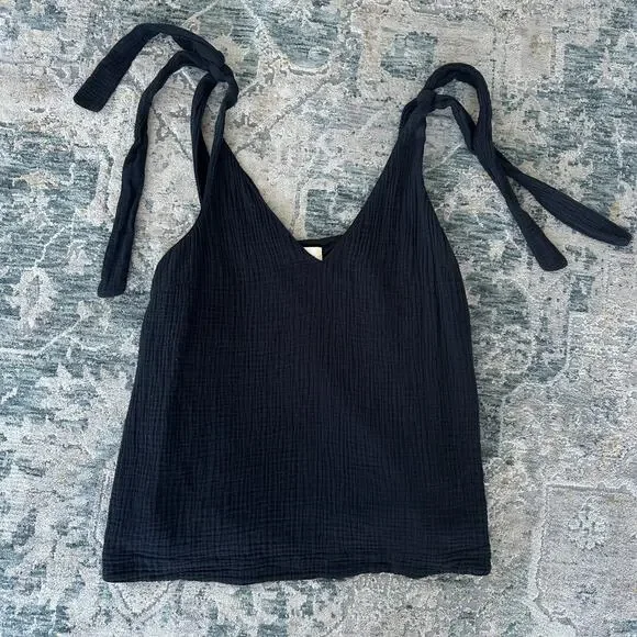Sezane Gisele Top Womens 8 Black Cotton Gauze Tank Shoulder Tie Minimalist Flowy - Picture 1 of 8